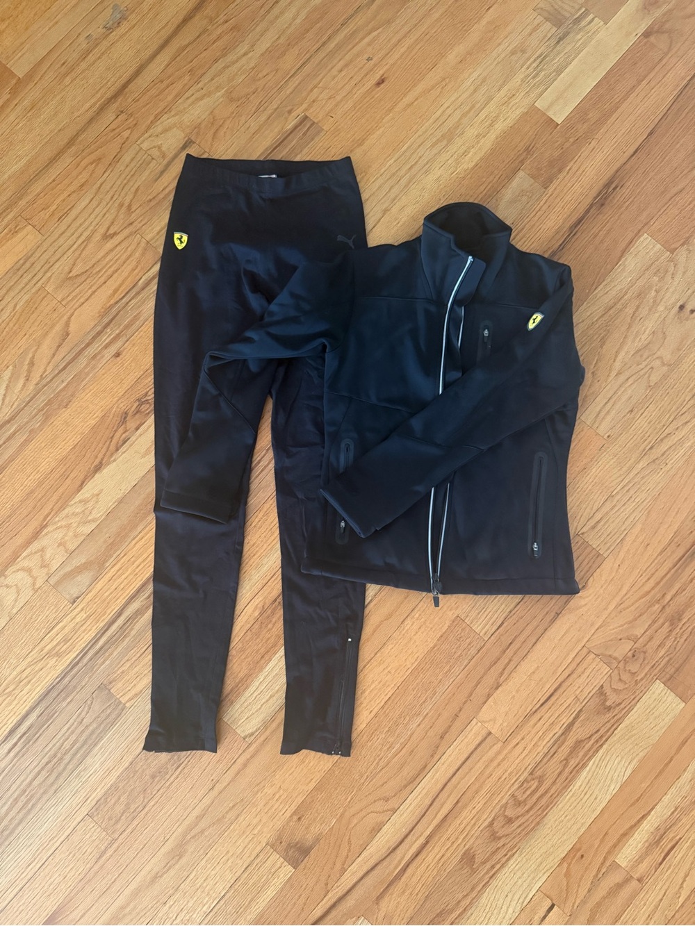 Ferrari x Puma Black Active Jacket & Leggings Set with Yellow Shield Accents
